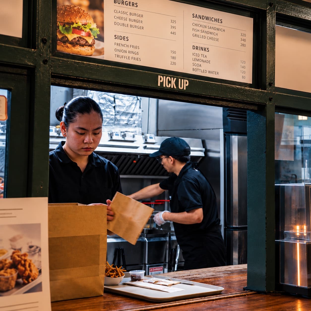 Restaurant staff preparing orders behind a pickup counter.