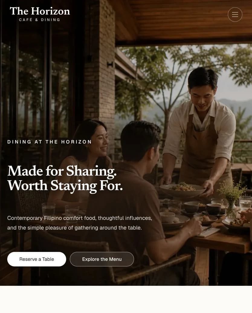 Horizon Café Dining page featuring shared meals and the Made for Sharing. Worth Staying For. headline
