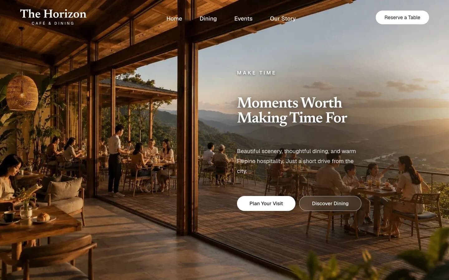 Horizon Café homepage with its terrace view and Moments Worth Making Time For headline