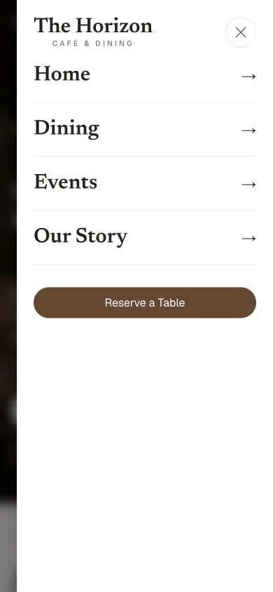 Horizon Café mobile menu with Home, Dining, Events, Our Story, and Reserve a Table