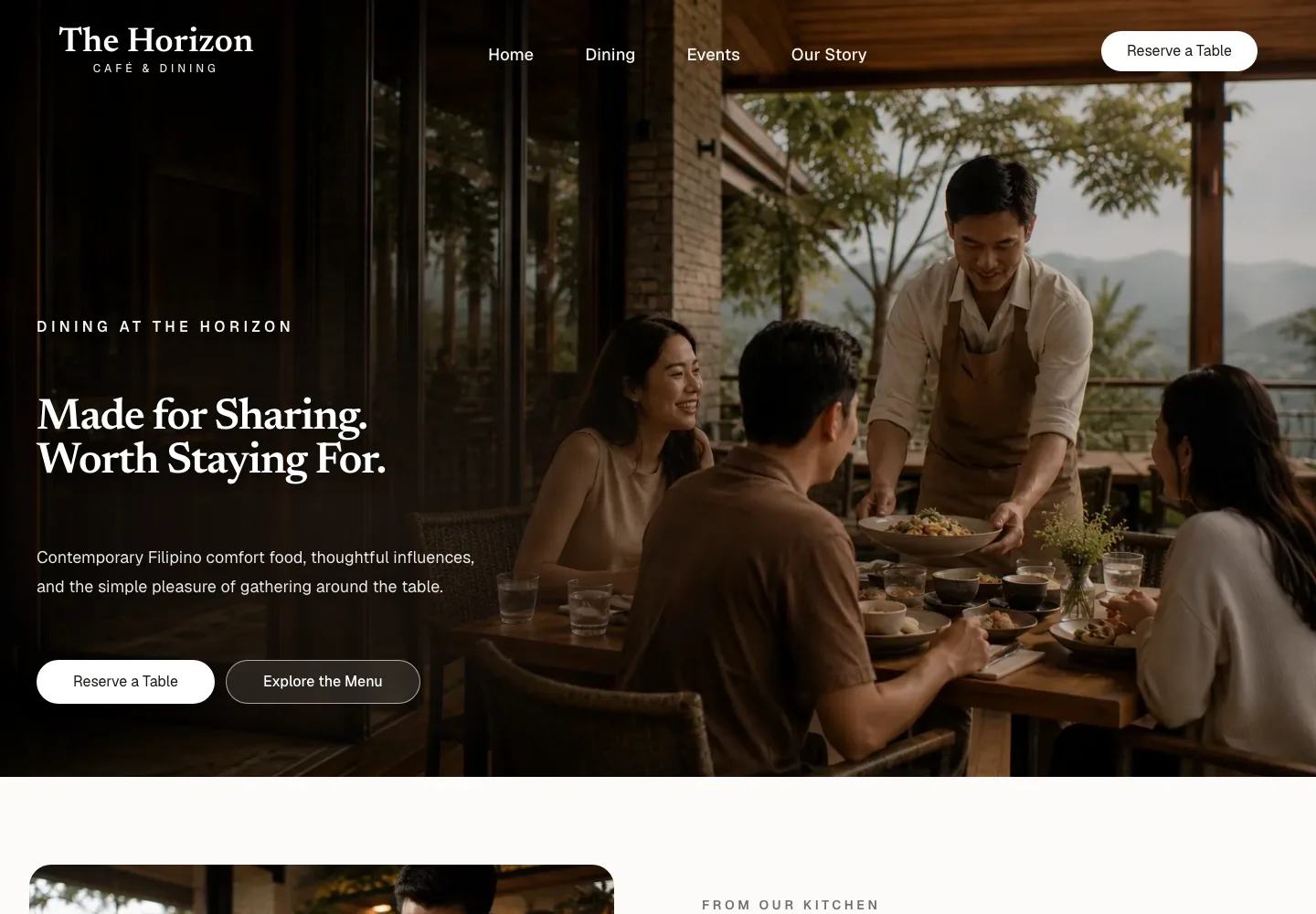 Horizon Café Dining page with a menu call to action over a terrace photograph.