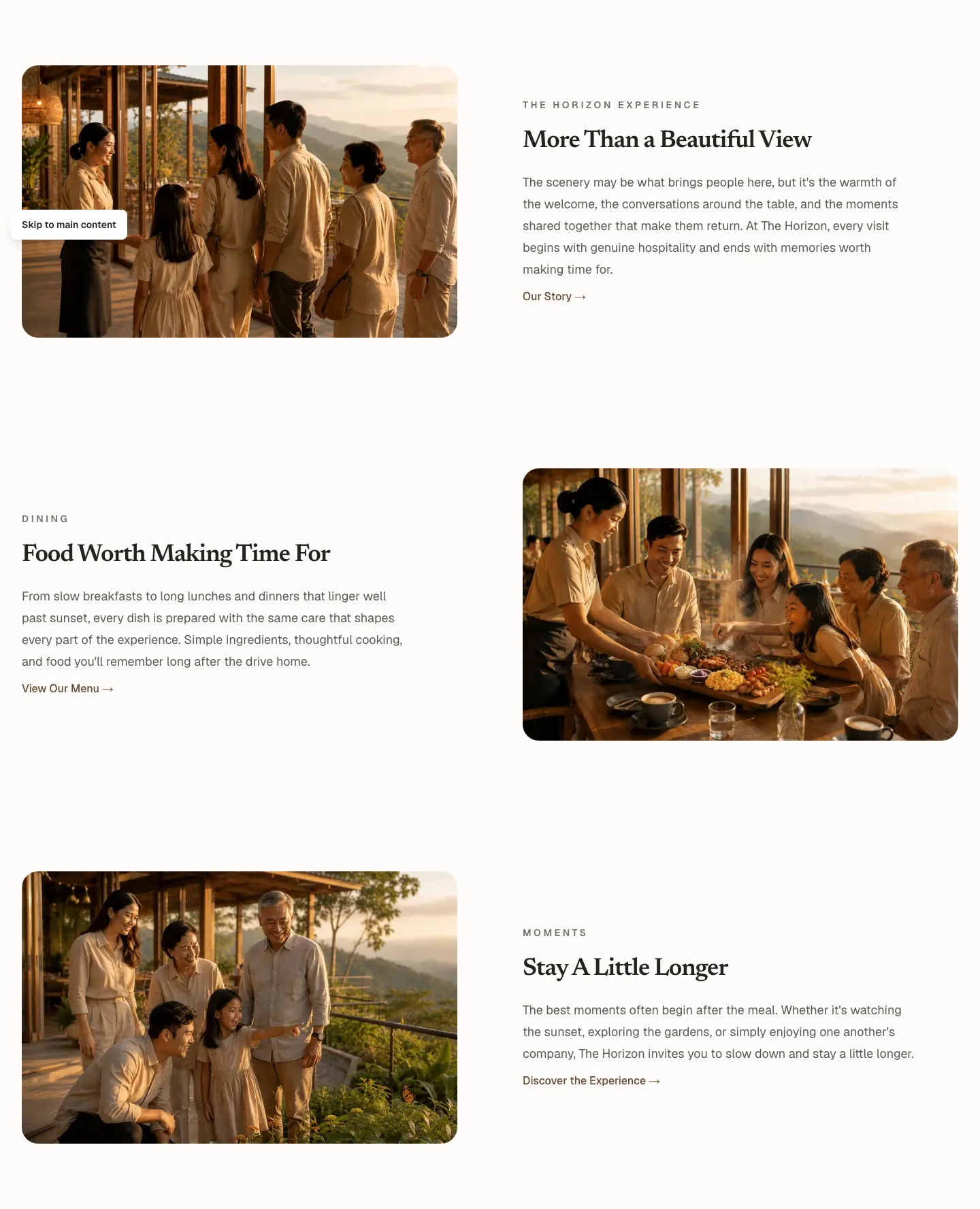 Horizon Café homepage experience section featuring scenic dining photography and editorial content.