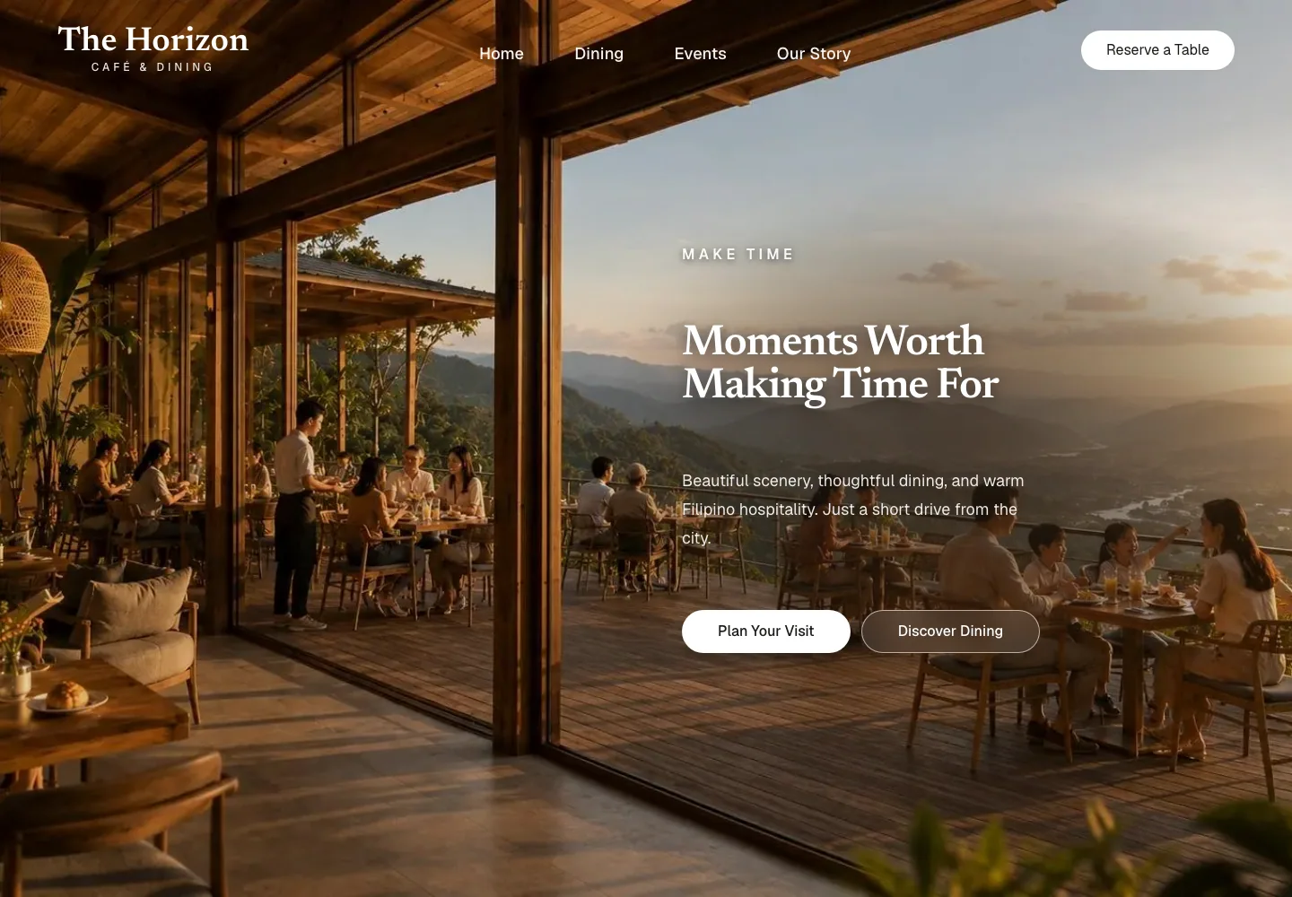 Horizon Café and Dining homepage introducing a terrace dining experience at sunset.