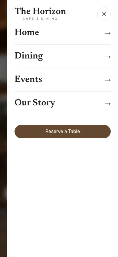 Horizon Café mobile navigation open with links to Home, Dining, Events, and Our Story, plus a Reserve a Table action.