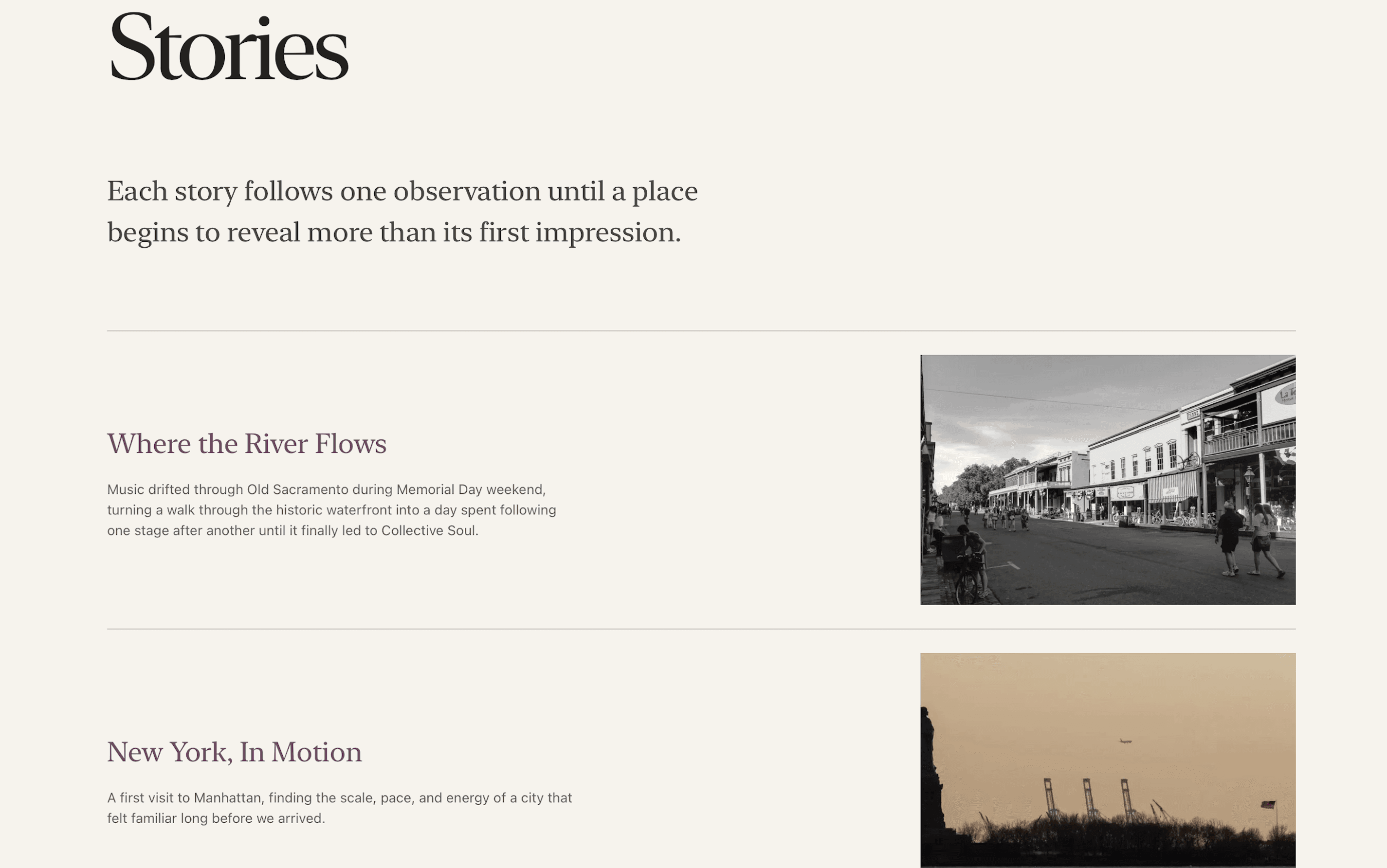 Stories Quietly Told desktop Stories index with editorial introductions and image-led listings.