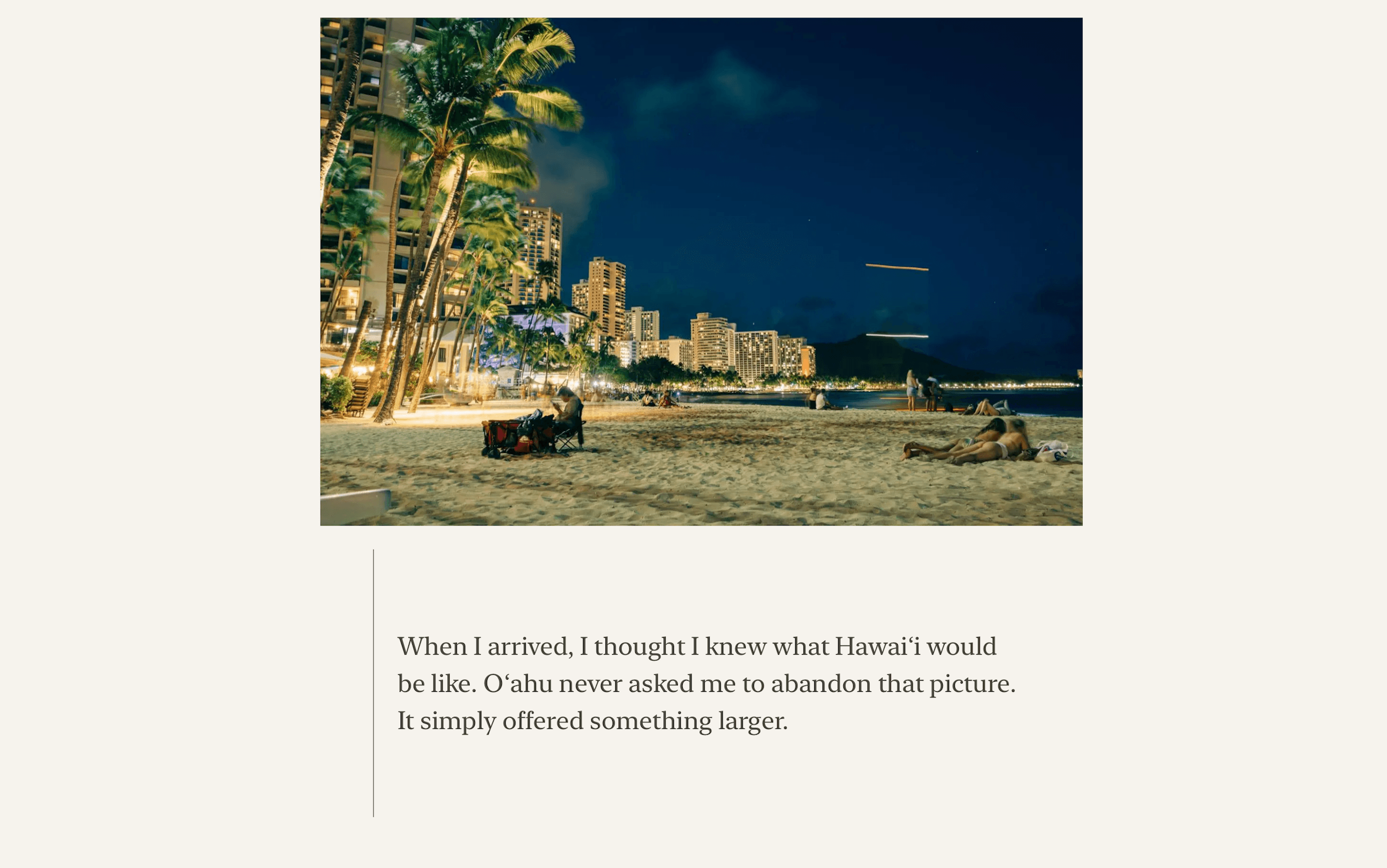 Stories Quietly Told Oʻahu story detail pairing a nighttime Waikīkī photograph with an editorial observation.