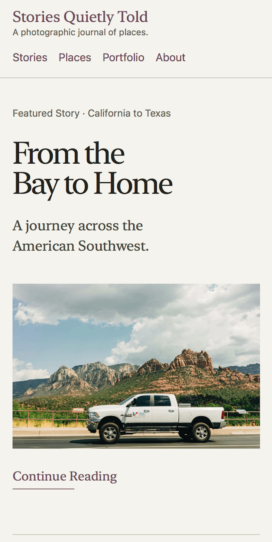 Stories Quietly Told mobile homepage featuring the From the Bay to Home story.