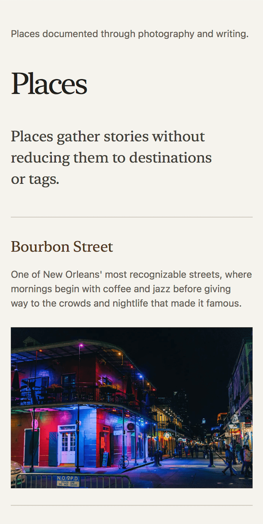 Stories Quietly Told mobile Places page with a Bourbon Street location listing.